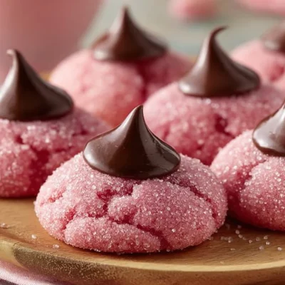 Batch of strawberry kiss cookies on a baking tray