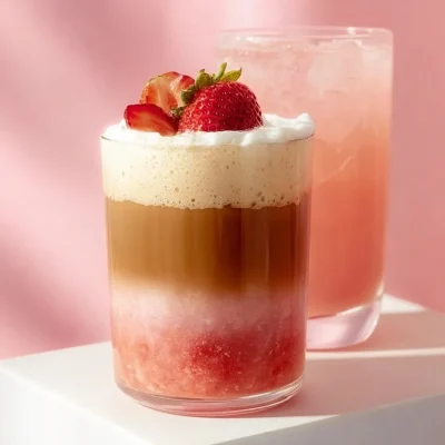 A delicious strawberry latte topped with whipped cream and fresh strawberries.