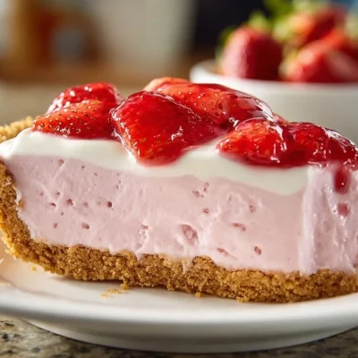 Delicious strawberry mousse pie topped with fresh strawberries and whipped cream