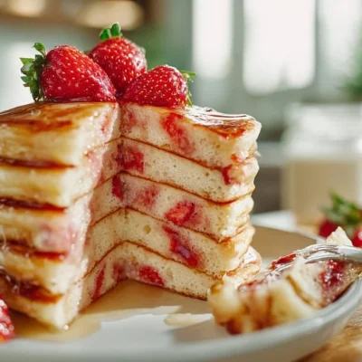 Delicious strawberry pancakes stacked on a plate with fresh strawberries on top.