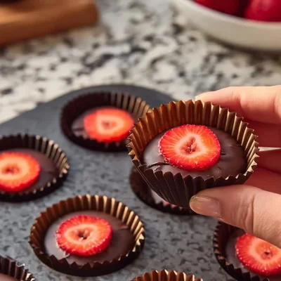 Delicious and healthy strawberry peanut butter cups on a plate