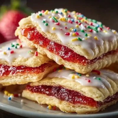 Delicious strawberry pop tart sugar cookies on a plate.