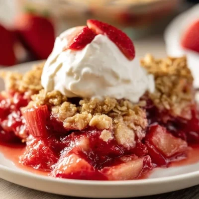 Delicious strawberry rhubarb crisp dessert topped with oats and cinnamon
