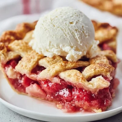 Homemade strawberry rhubarb pie sliced and displayed on a plate
