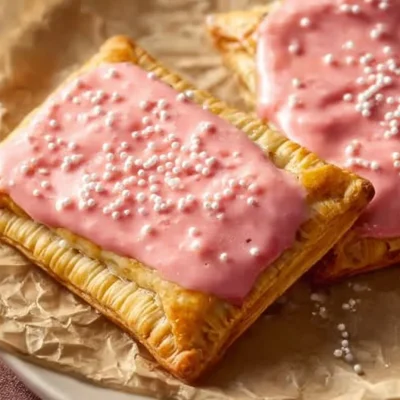 Freshly baked Strawberry Rhubarb Pop Tarts on a rustic table