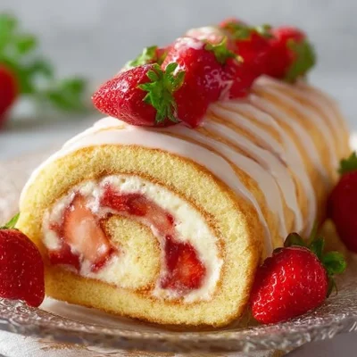 Delicious strawberry roll cake ready to serve, showcasing fresh strawberries and cream