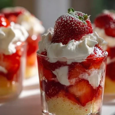 Delicious strawberry shortcake cups topped with fresh strawberries and whipped cream.