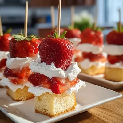 Strawberry shortcake kabobs with fresh strawberries and whipped cream