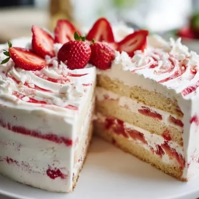 Delicious Strawberry Shortcake Layer Cake with fresh strawberries and whipped cream