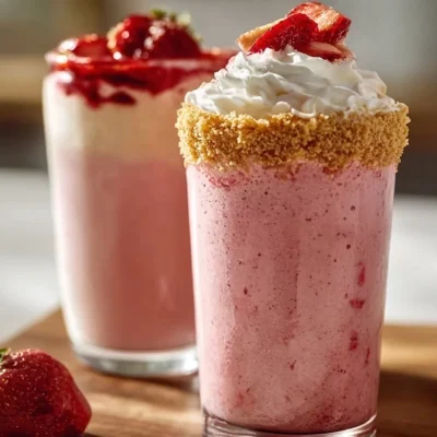 Strawberry Shortcake Protein Smoothie in a glass with fresh strawberries