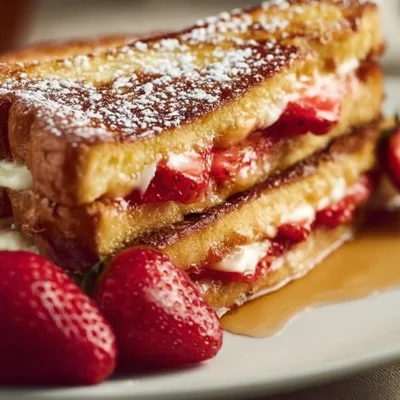 Delicious strawberry stuffed French toast topped with fresh strawberries and syrup