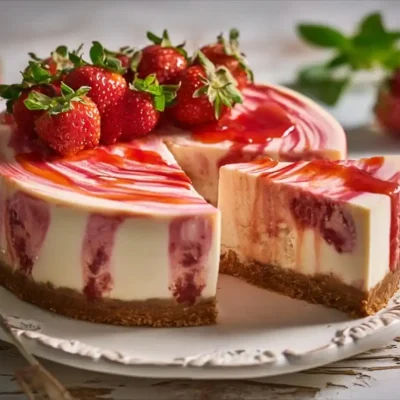 Strawberry swirl cheesecake with graham crust, strawberry sauce, and whole strawberries on top.