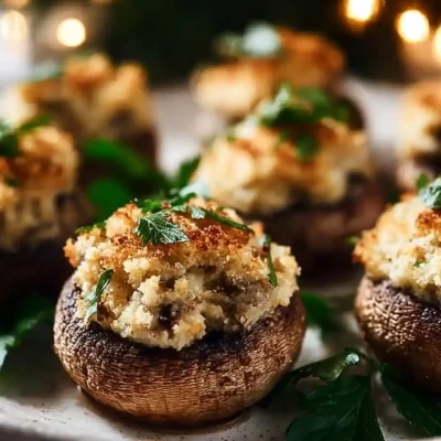 Delicious Christmas stuffed mushrooms ready to be served as a festive appetizer.