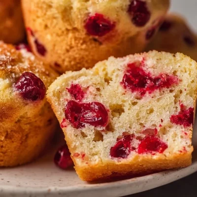 Sugared cranberry muffins topped with sparkling sugar on a white plate
