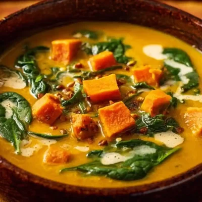 Bowl of sweet potato curry soup garnished with fresh herbs