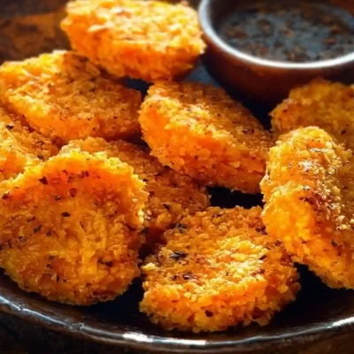 Bowl of homemade sweet potato nuggets served with dipping sauce