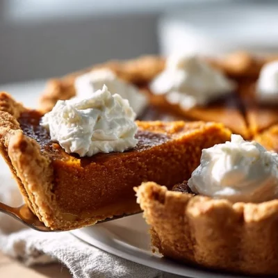 Homemade sweet potato pie garnished with whipped cream and spices