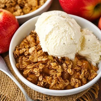Delicious Skillet Apple Crisp for Two served warm with a scoop of ice cream.