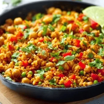 Taco-Spiced Chickpea and Rice Skillet with vibrant ingredients
