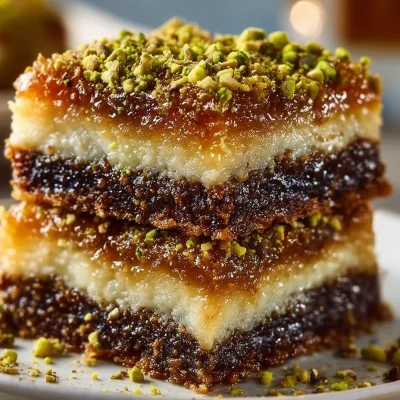 Tahini baklava brownies with pistachio caramel crunch on a plate