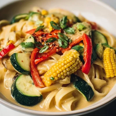 A plate of Thai Curry Pasta garnished with fresh herbs and spices