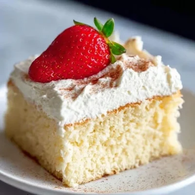 Deliciously moist Three Milks Cake topped with whipped cream and berries.
