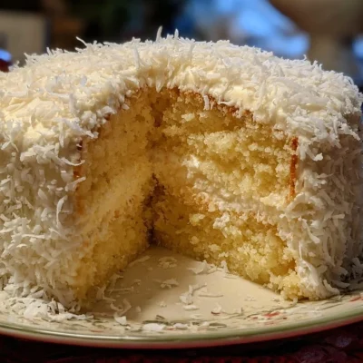 Tom Cruise Coconut Bundt Cake topped with coconut flakes and creamy frosting