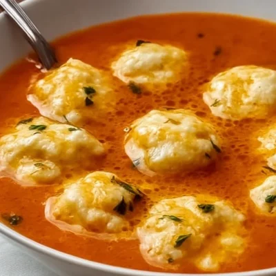 Tomato soup topped with cheese dumplings in a rustic bowl