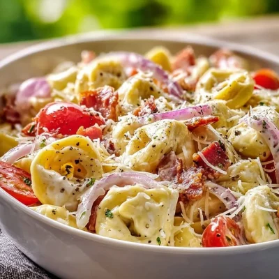 Colorful tortellini salad with fresh vegetables and dressing