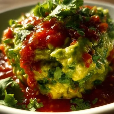 Bowl of traditional guacamole made with ripe avocados and spices
