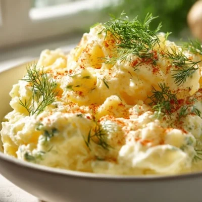 Bowl of traditional potato salad with herbs and dressing