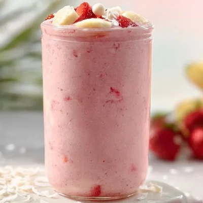A vibrant tropical smoothie made with fresh fruits and greens, served in a glass.