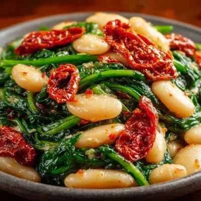 Delicious Tuscan Butter Beans served with spinach and sun-dried tomato