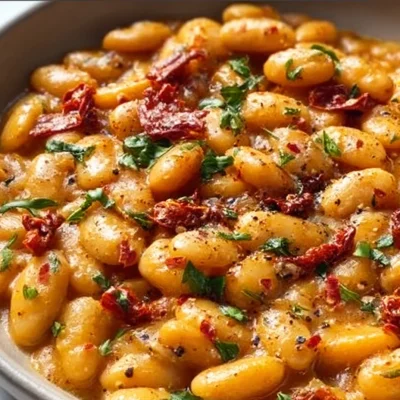 Tuscan Marry Me Butter Beans dish served with herbs and spices