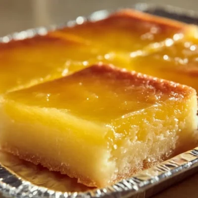 Two-ingredient lemon bars on a white plate with a lemon slice garnish.