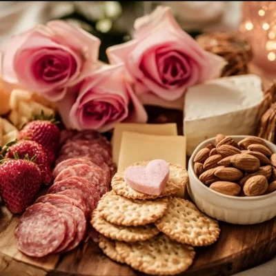 Valentine's Charcuterie Board with heart-shaped cheeses and assorted snacks