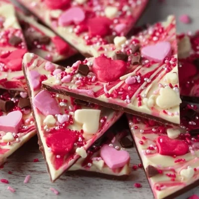 Delicious Valentine's Day Bark decorated with heart-shaped sprinkles and chocolate.