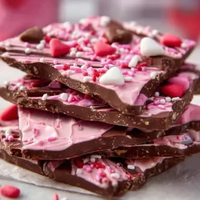 Delicious homemade Valentine’s Day chocolate bark decorated with heart sprinkles