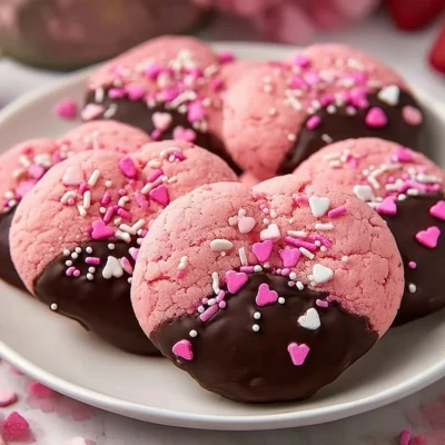 Valentine's Day chocolate covered strawberry cookies on a decorative plate