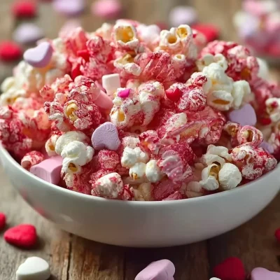 Valentine's Day Snack Mix with heart-shaped treats and festive decorations