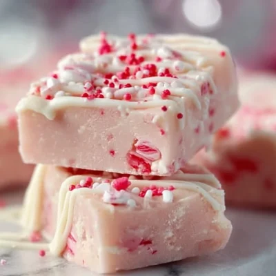 Valentine's Day sugar cookie fudge decorated with heart-shaped sprinkles