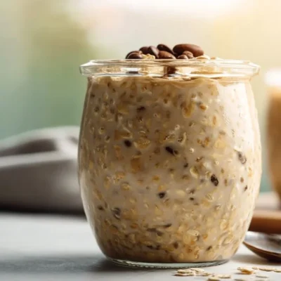 Vanilla cold brew overnight oats served in a bowl with toppings