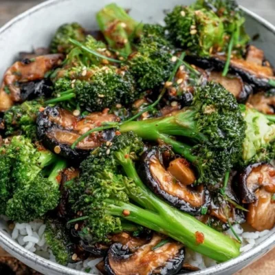 Vegan broccoli and mushroom stir fry served in a bowl garnished with sesame seeds.