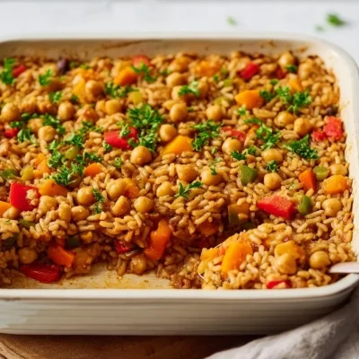 Vegan Brown Rice Casserole dish garnished with fresh herbs