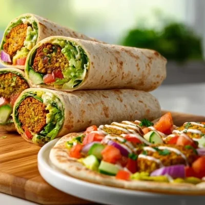Delicious Vegan Falafel Wrap with fresh vegetables and tahini sauce