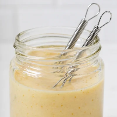 Vegan lemon Dijon dressing in a glass bottle with fresh herbs and lemons