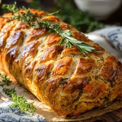 A beautifully baked Vegan Lentil Wellington served on a plate with fresh herbs.