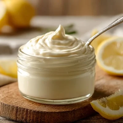 Homemade vegan mayonnaise in a glass jar with fresh ingredients nearby.