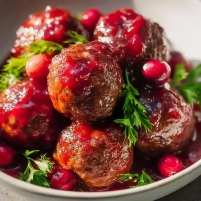 Vegan meatballs drizzled with cranberry glaze on a plate