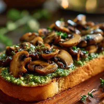 Vegan mushroom pesto sandwich on a plate, garnished with fresh basil.